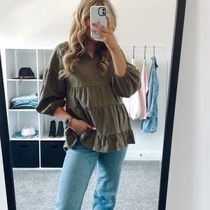 Army Green Peplum 3/4 Sleeve Top